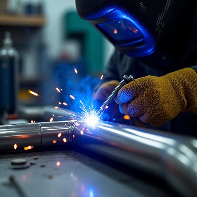 Close up of a mechanic TIG welding a custom titanium exhaust pipe
